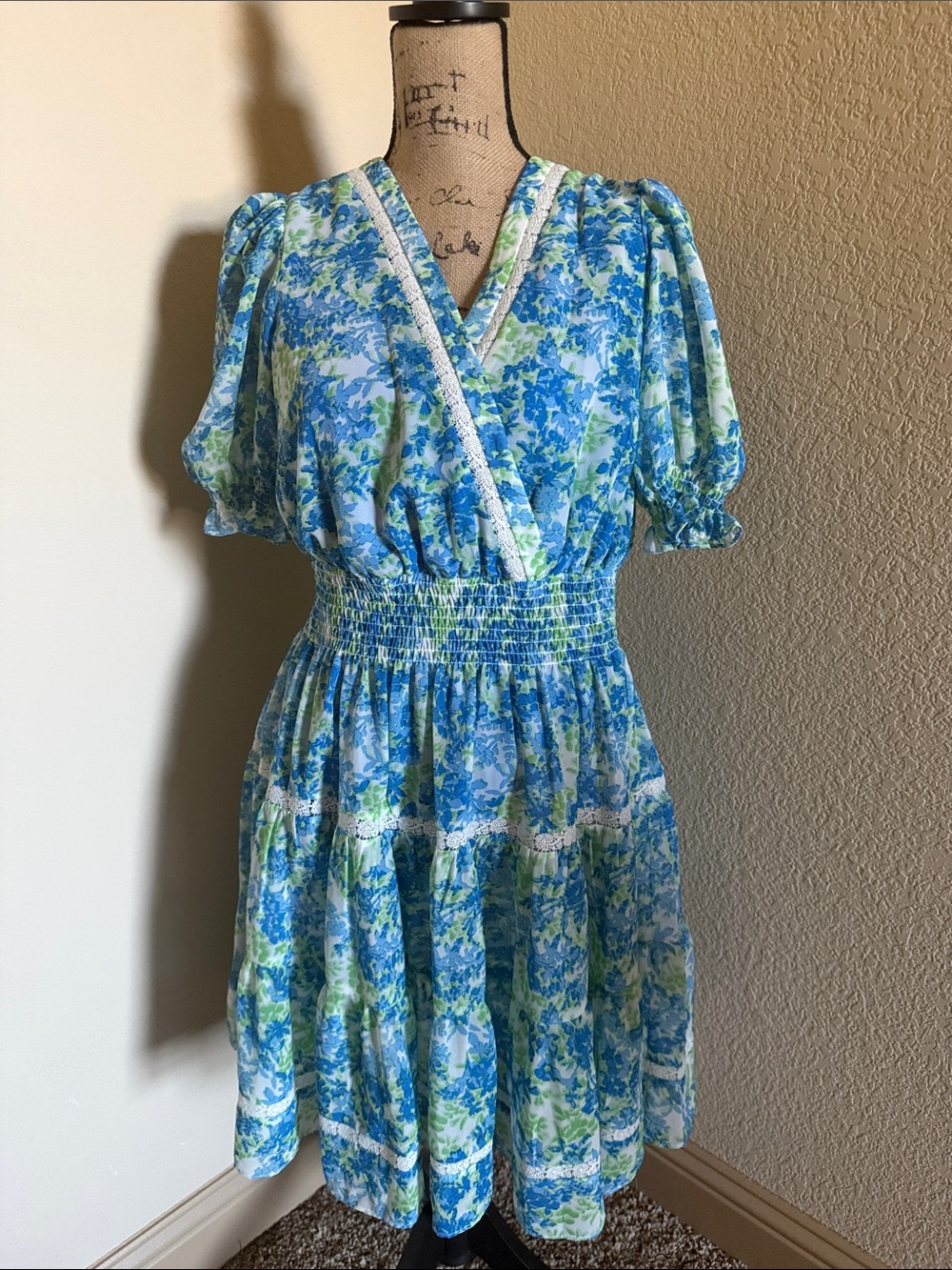 Taylor Blue and Green Floral Smocked Midi Dress